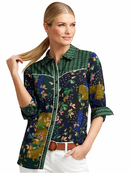 CAbi Tops - NWOT!!  Beautiful CAbi Rodeo Mixed Navy Floral Patchwork Button-Down Shirt